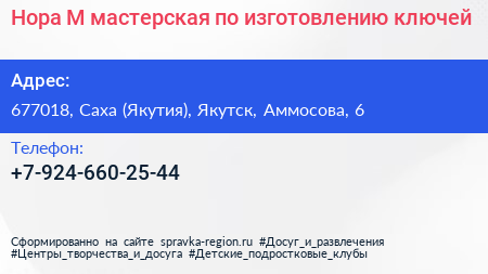 Нора М мастерская по изготовлению ключей - визитка