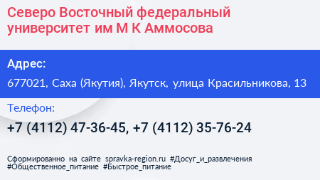 Северо Восточный федеральный университет им М К Аммосова - визитка