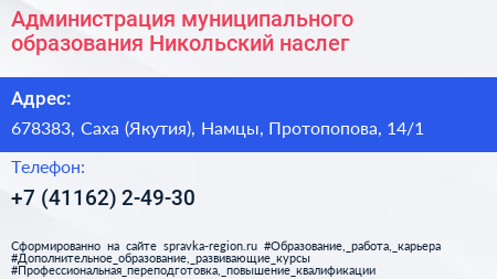 Администрация муниципального образования Никольский наслег - визитка