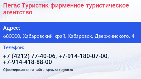 Пегас Туристик фирменное туристическое агентство - визитка