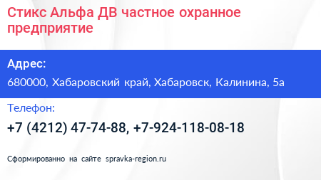 Стикс Альфа ДВ частное охранное предприятие - визитка