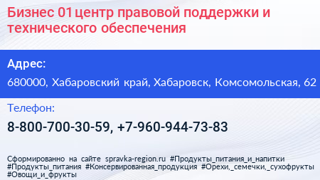 Бизнес 01 центр правовой поддержки и технического обеспечения - визитка