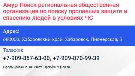 Амур Поиск региональная общественная организация по поиску пропавших защите и спасению людей в условиях ЧС - визитка
