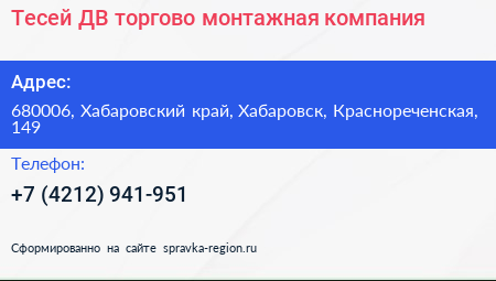 Тесей ДВ торгово монтажная компания - визитка