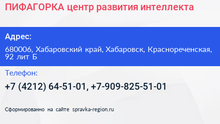 ПИФАГОРКА центр развития интеллекта - визитка