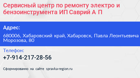 Сервисный центр по ремонту электро и бензоинструмента ИП Саврий А П  - визитка