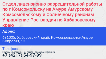Отдел лицензионно разрешительной работы по г Комсомольску на Амуре Амурскому Комсомольскому и Солнечному районам Управление Росгвардии по Хабаровскому краю - визитка