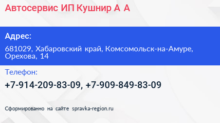 Автосервис ИП Кушнир А А  - визитка