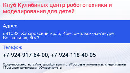 Клуб Кулибиных центр робототехники и моделирования для детей - визитка
