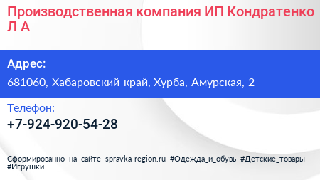Производственная компания ИП Кондратенко Л А  - визитка