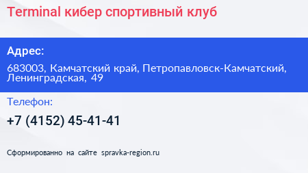 Terminal кибер спортивный клуб - визитка