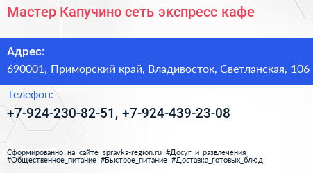 Мастер Капучино сеть экспресс кафе - визитка