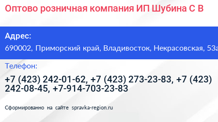 Оптово розничная компания ИП Шубина С В  - визитка