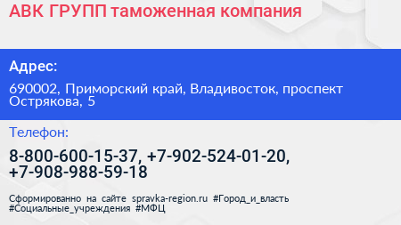 АВК ГРУПП таможенная компания - визитка