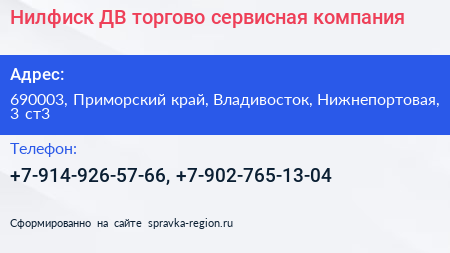 Нилфиск ДВ торгово сервисная компания - визитка