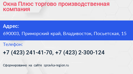 Окна Плюс торгово производственная компания - визитка
