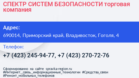 СПЕКТР СИСТЕМ БЕЗОПАСНОСТИ торговая компания - визитка