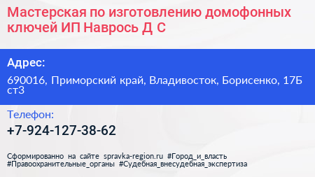 Мастерская по изготовлению домофонных ключей ИП Наврось Д С  - визитка
