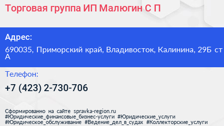 Торговая группа ИП Малюгин С П  - визитка