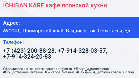 ICHIBAN KARE кафе японской кухни - визитка