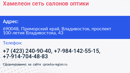 Хамелеон сеть салонов оптики - визитка