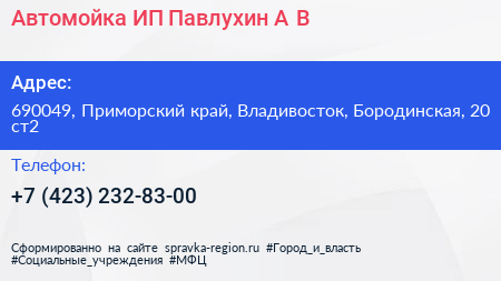 Автомойка ИП Павлухин А В  - визитка