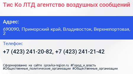Тис Ко ЛТД агентство воздушных сообщений - визитка