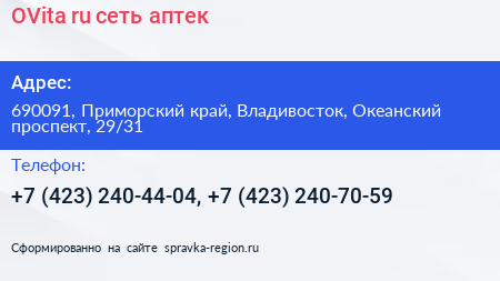 OVita ru сеть аптек - визитка