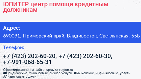 ЮПИТЕР центр помощи кредитным должникам - визитка