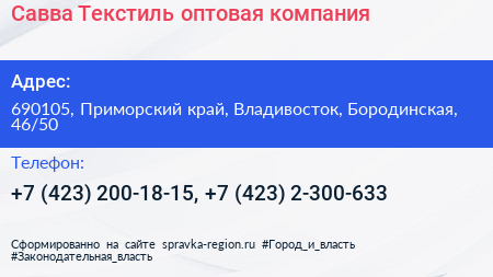 Савва Текстиль оптовая компания - визитка