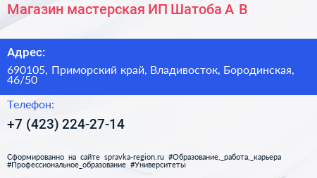 Магазин мастерская ИП Шатоба А В  - визитка
