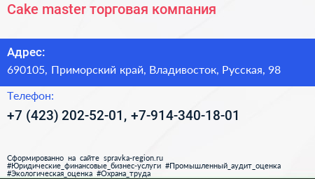 Cake master торговая компания - визитка