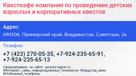Квесткафе компания по проведению детских взрослых и корпоративных квестов - визитка