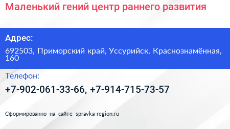 Маленький гений центр раннего развития - визитка