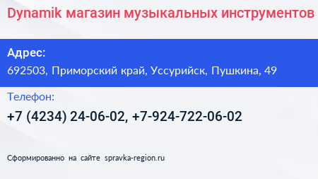 Dynamik магазин музыкальных инструментов - визитка