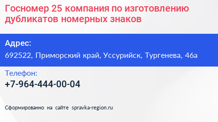 Госномер 25 компания по изготовлению дубликатов номерных знаков - визитка