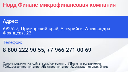 Норд Финанс микрофинансовая компания - визитка