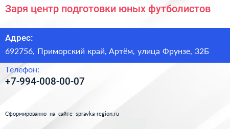 Заря центр подготовки юных футболистов - визитка
