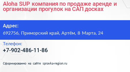 Aloha SUP компания по продаже аренде и организации прогулок на САП досках - визитка