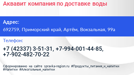 Аквавит компания по доставке воды - визитка