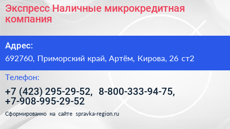 Экспресс Наличные микрокредитная компания - визитка