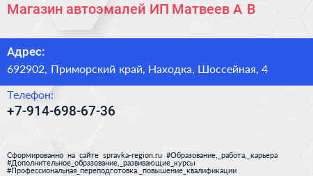 Магазин автоэмалей ИП Матвеев А В  - визитка
