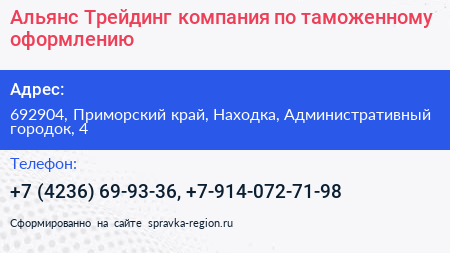 Альянс Трейдинг компания по таможенному оформлению - визитка