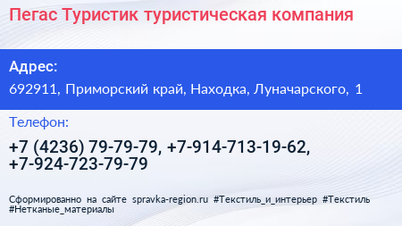 Пегас Туристик туристическая компания - визитка