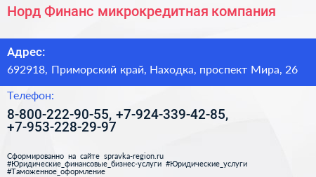 Норд Финанс микрокредитная компания - визитка