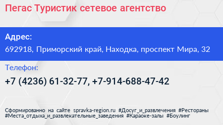Пегас Туристик сетевое агентство - визитка