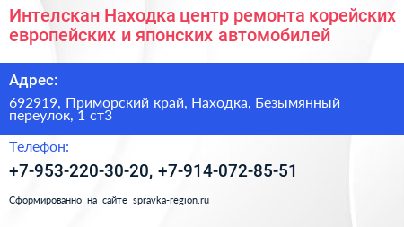 Интелскан Находка центр ремонта корейских европейских и японских автомобилей - визитка