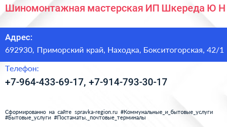 Шиномонтажная мастерская ИП Шкереда Ю Н  - визитка