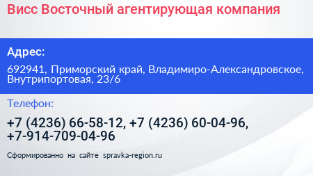 Висс Восточный агентирующая компания - визитка