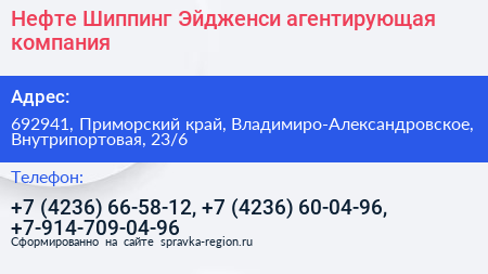 Нефте Шиппинг Эйдженси агентирующая компания - визитка